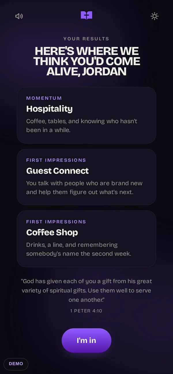 The results screen of the serving questionnaire