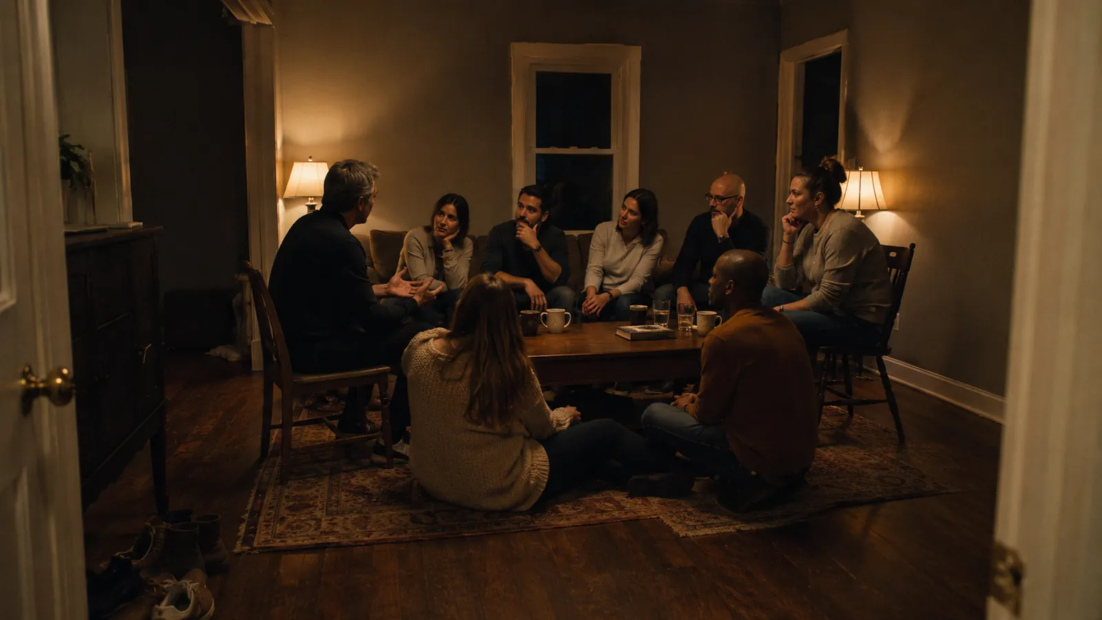 A small group meeting in a living room